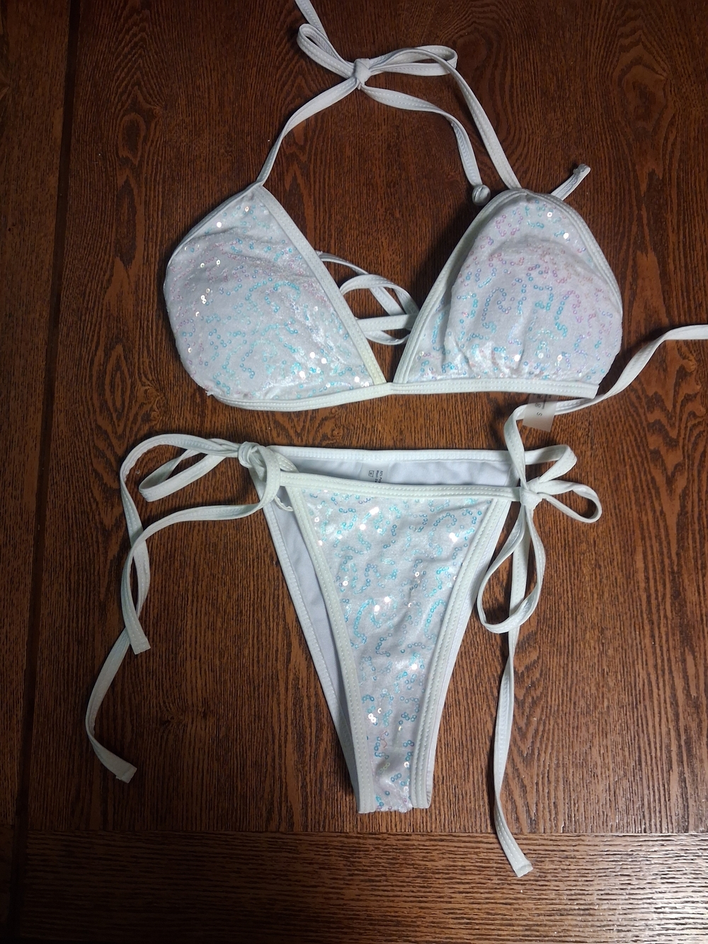 SHEIN White Iridescent Sequin Tie-Side Bikini